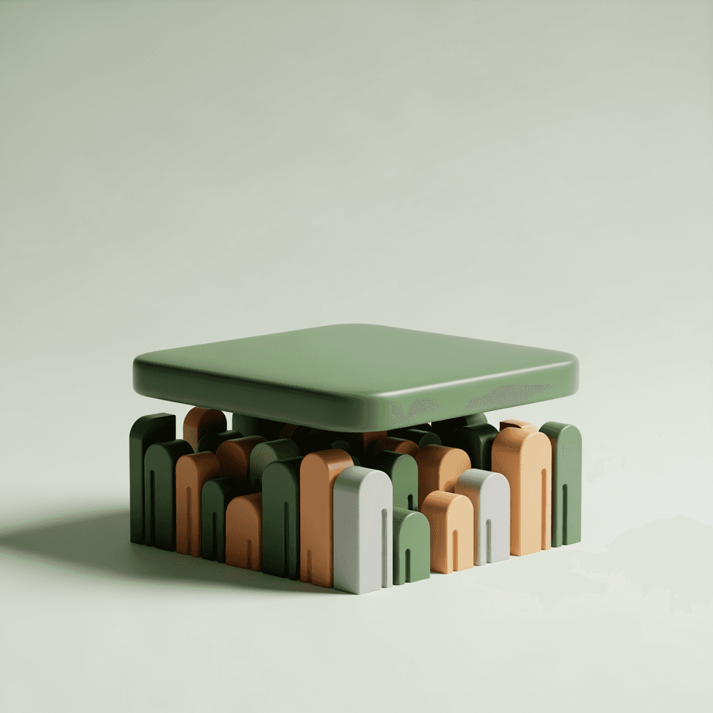 Sage-toned 3D abstract evoking a multi-site group of facilities and entities