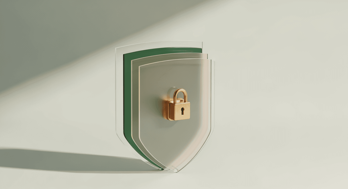 Layered translucent security shields, one forest-green, guarding data behind a brass padlock